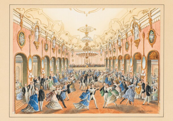     Dancing Scene at the "Sperl", Watercolour painting by artist Josef Wohlmuth, 1876 